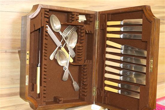 A set of six plated fish knives and forks and servers, and two canteen boxes (empty)